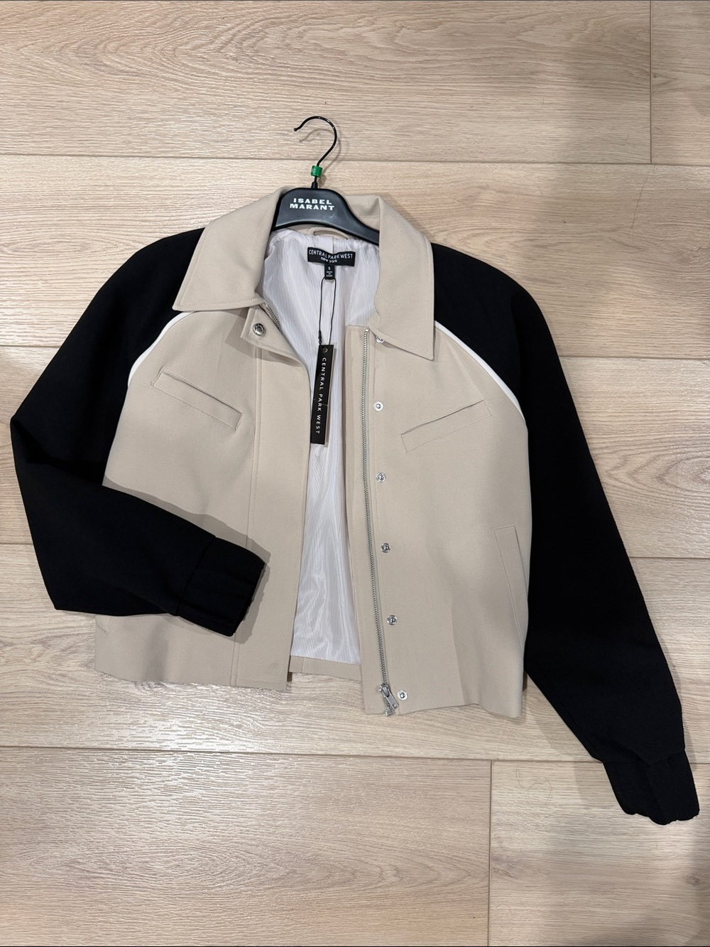 Central Park West Beige and Black Bomber Jacket
